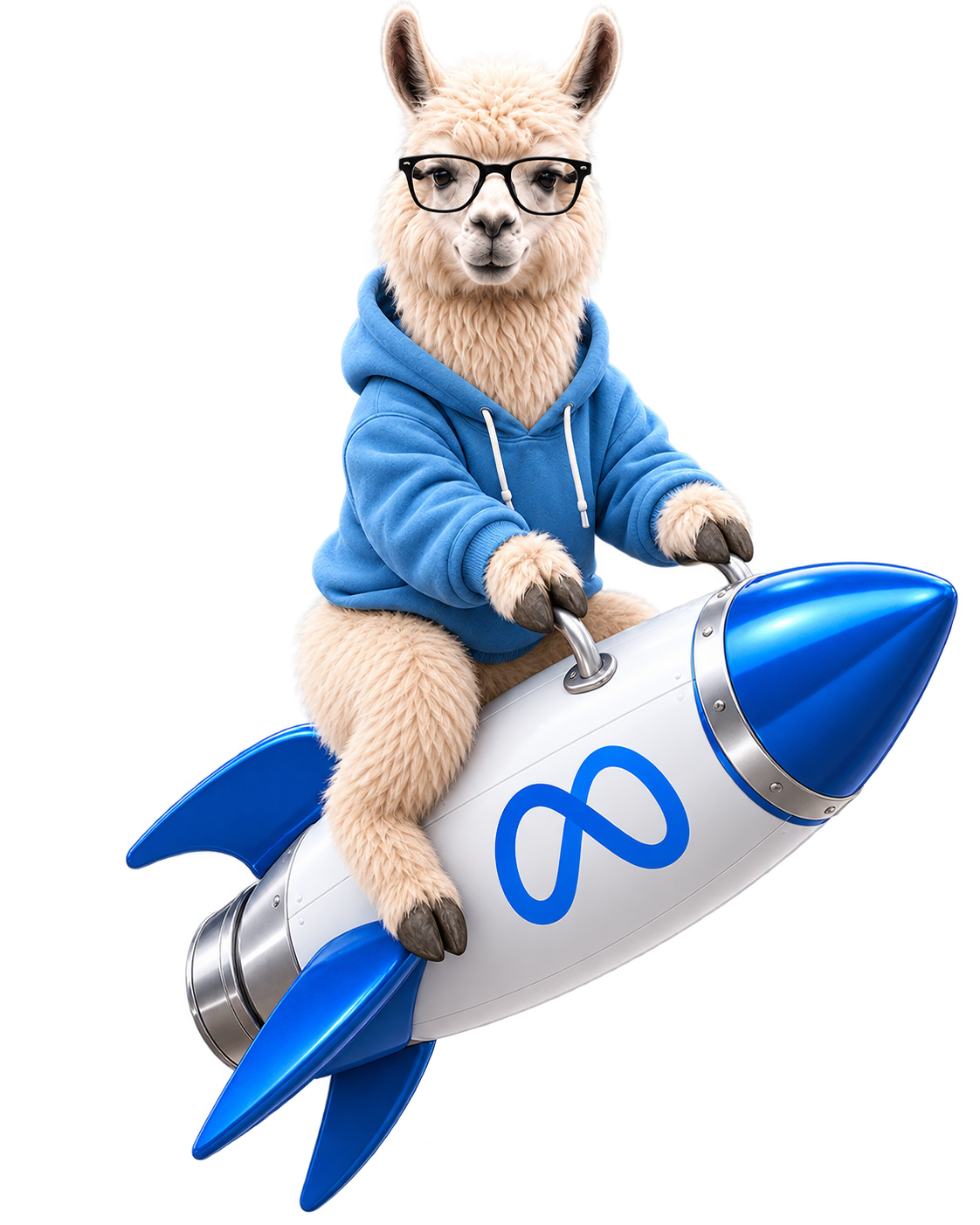 Meta Llama riding a blue rocket
