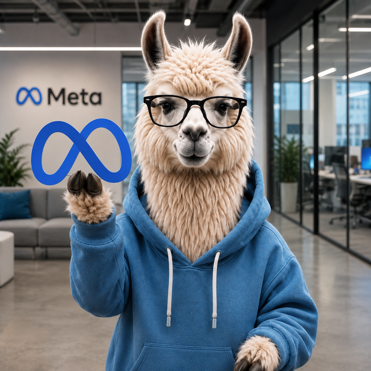 Meta Llama holding a Meta symbol in an office